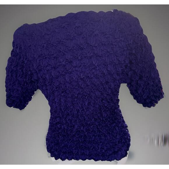 Vtg F C Purple Crinkle Pleated Stretch Top 3/4 Sleeve One Size Most Boho Chic - Picture 3 of 4